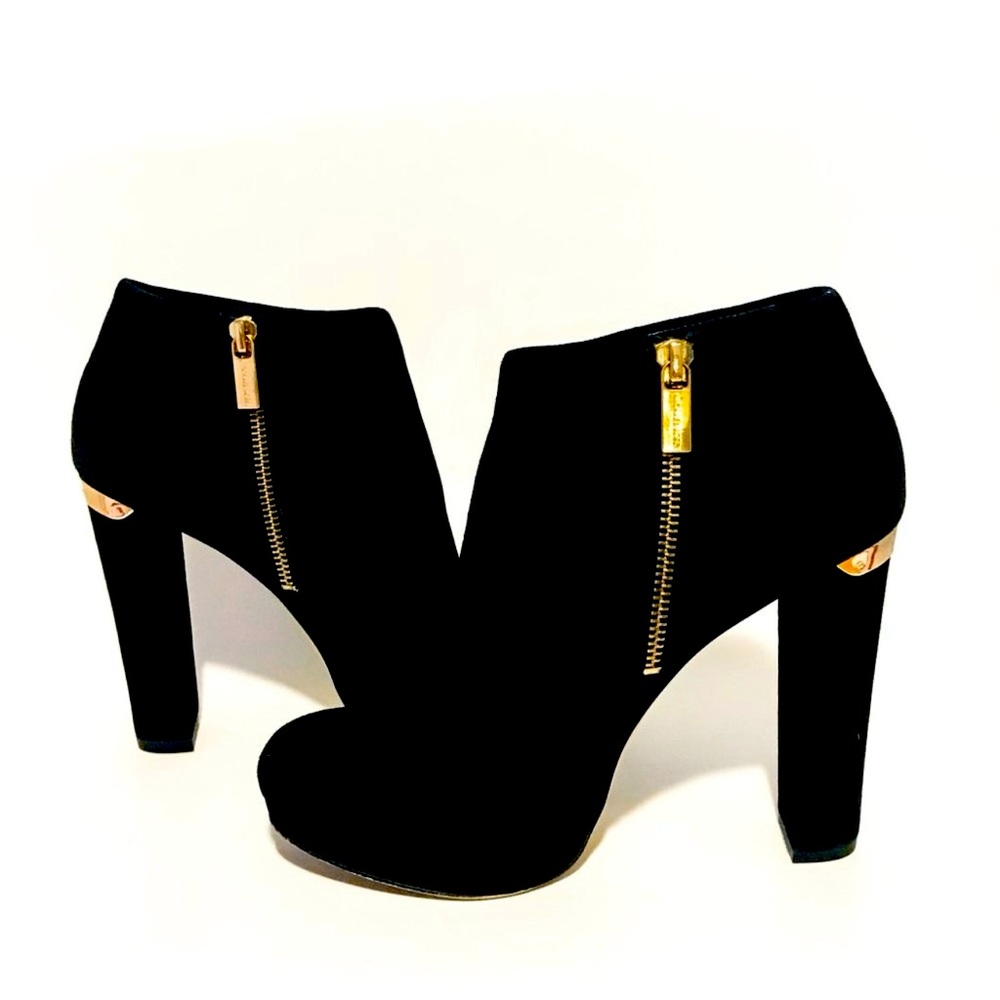 MICHAEL KORS Black Suede Block Heel Booties | Gold Hardware | Size 7 M